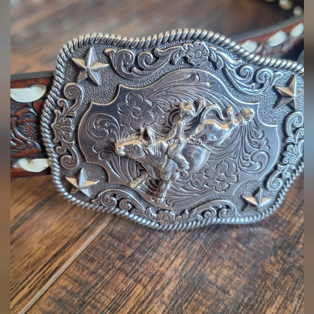 Nocona Brown Leather Floral Embossed Belt with Silver Bull Rider Buckle